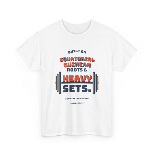 Equatorial Guinea Heavy Sets Gym T-Shirt — White — front vintage strength artwork by Roots & Roads
