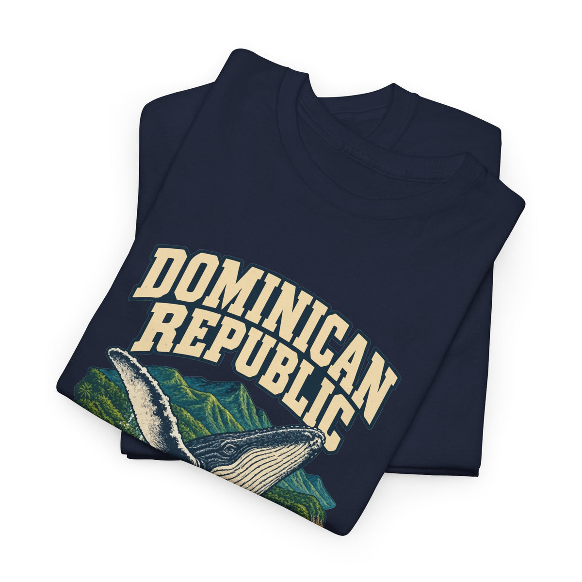 Folded Navy Dominican Republic Fresh Prints T-shirt showing cream two-line DOMINICAN REPUBLIC lettering and the upper part of its country illustration.