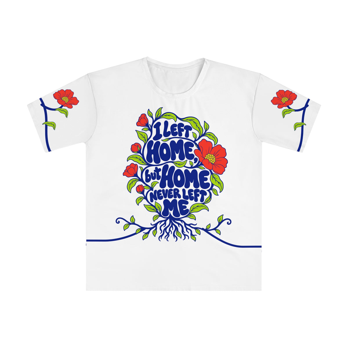 Front of the Roots & Roads “I left home, but home never left me” T-shirt with cobalt lettering, coral flowers, buds, lime leaves and roots on white.