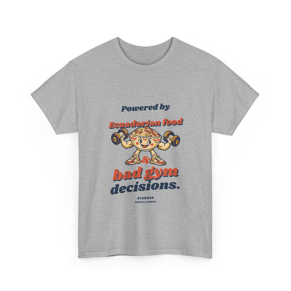 Ecuador Bad Gym Decisions T-Shirt in Sport Grey — rounded vintage lettering and a playful food-bowl weightlifter; front design.