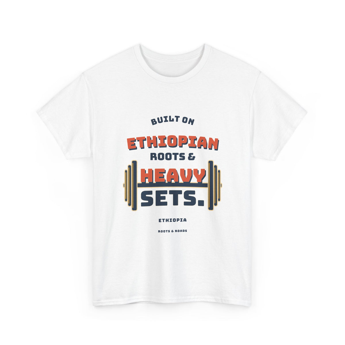 White Ethiopia Heavy Sets Gym T-Shirt with vintage Ethiopian roots lettering and integrated weight plates, front view.