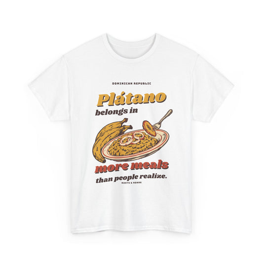 Dominican Republic Plátano More Meals T-Shirt in White, front view with retro lettering and a plantain plate illustration.
