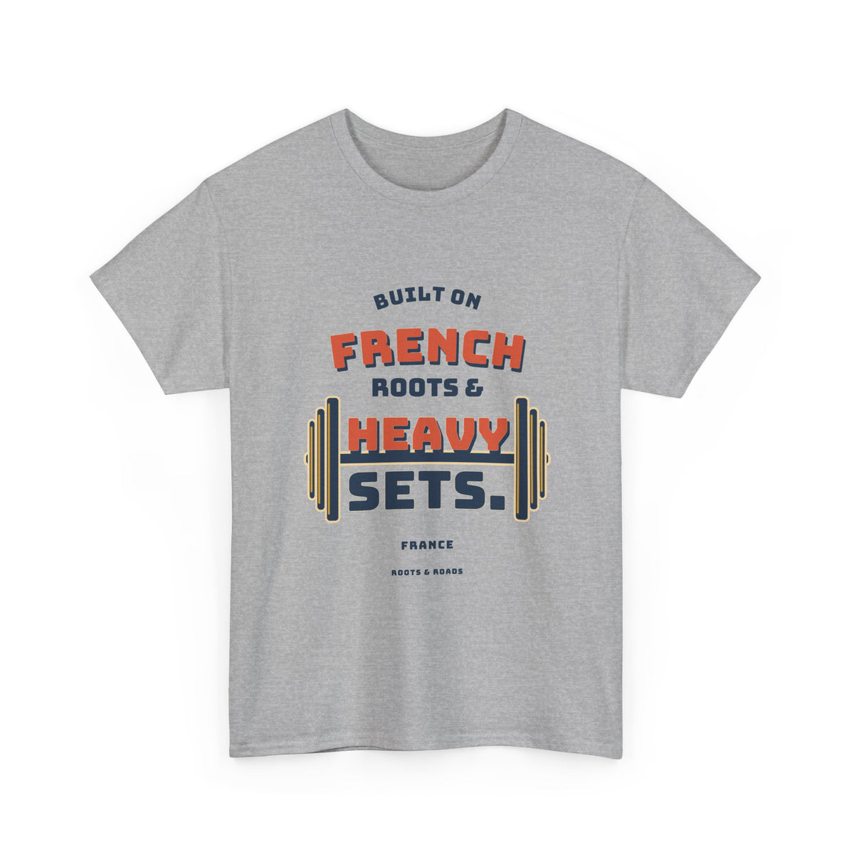 France Heavy Sets Gym T-Shirt in Sport Grey — front vintage French strength lettering with integrated weight plates.
