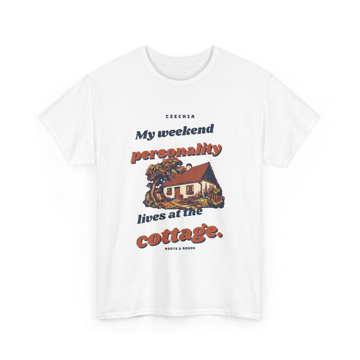 Czechia Weekend Cottage T-Shirt in White, with expressive retro lettering and an illustrated red-roofed countryside cottage by Roots & Roads.