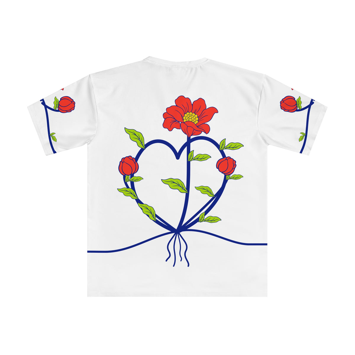 Back of the Roots & Roads “Love speaks every language” T-shirt with heart-shaped cobalt stems, a coral bloom, two buds, lime leaves and roots.