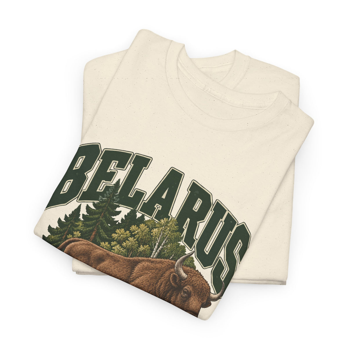 Folded Natural Belarus Fresh Prints T-shirt showing green BELARUS lettering, forest trees and the upper bison illustration.