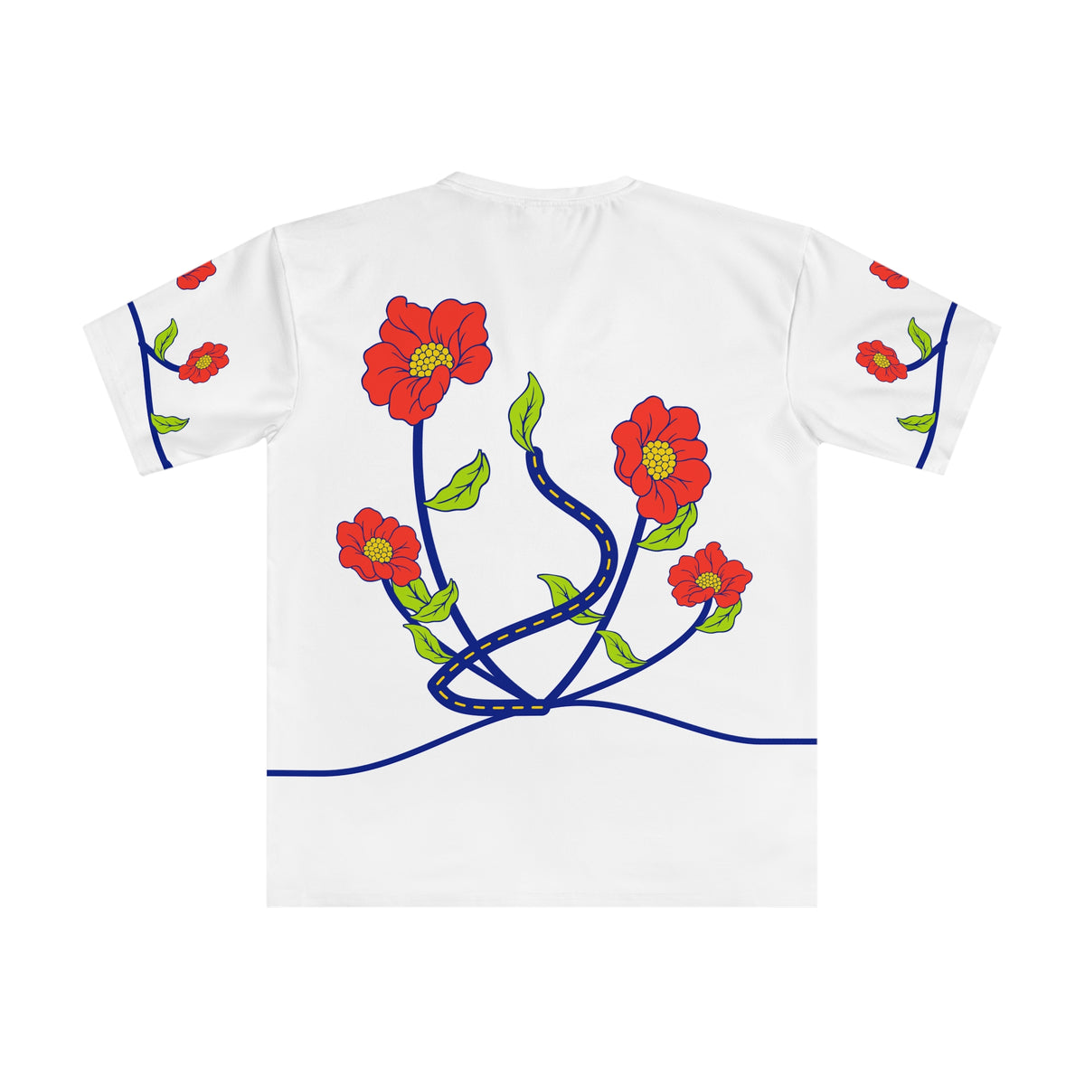 Back of the Roots & Roads “Hearing your mother tongue in a crowded street.” T-shirt with coral flowers, lime leaves and a winding cobalt road with yellow centre marks.