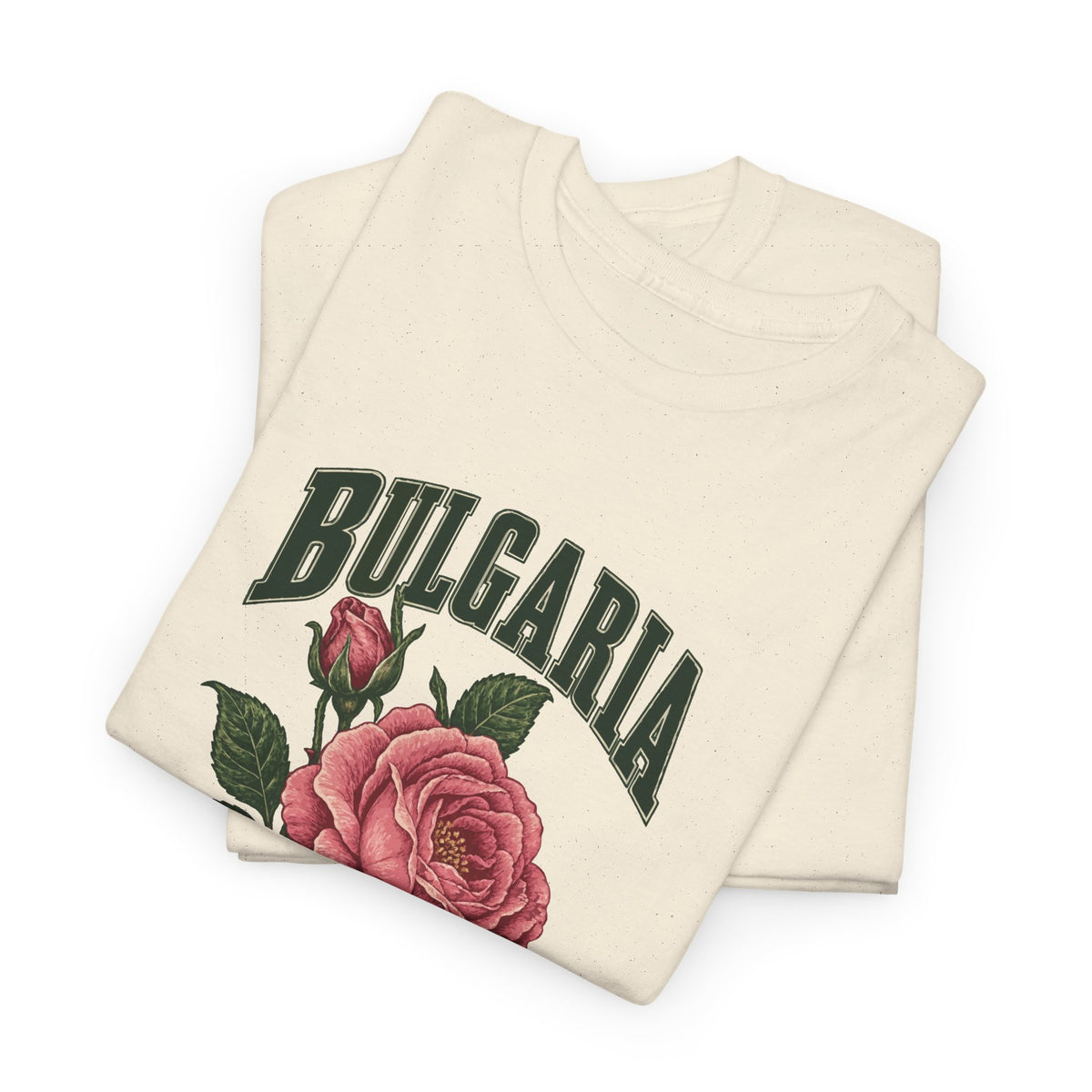Folded Natural Bulgaria Fresh Prints T-shirt showing green collegiate lettering and a large pink rose with leaves.