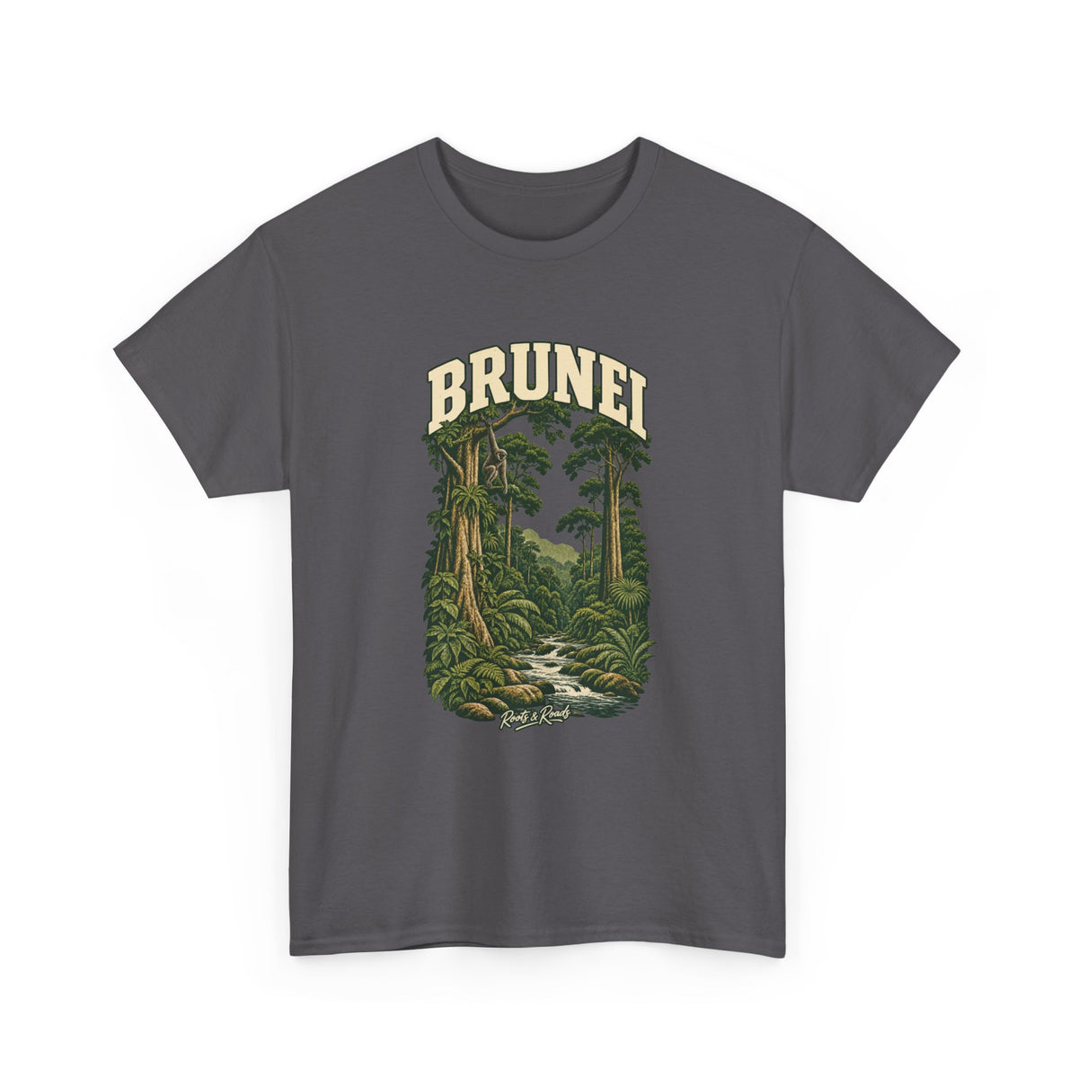 Front view of a Charcoal Gildan 5000 T-shirt with cream BRUNEI lettering, rainforest trees, a gibbon among branches, a stream and Roots & Roads script.