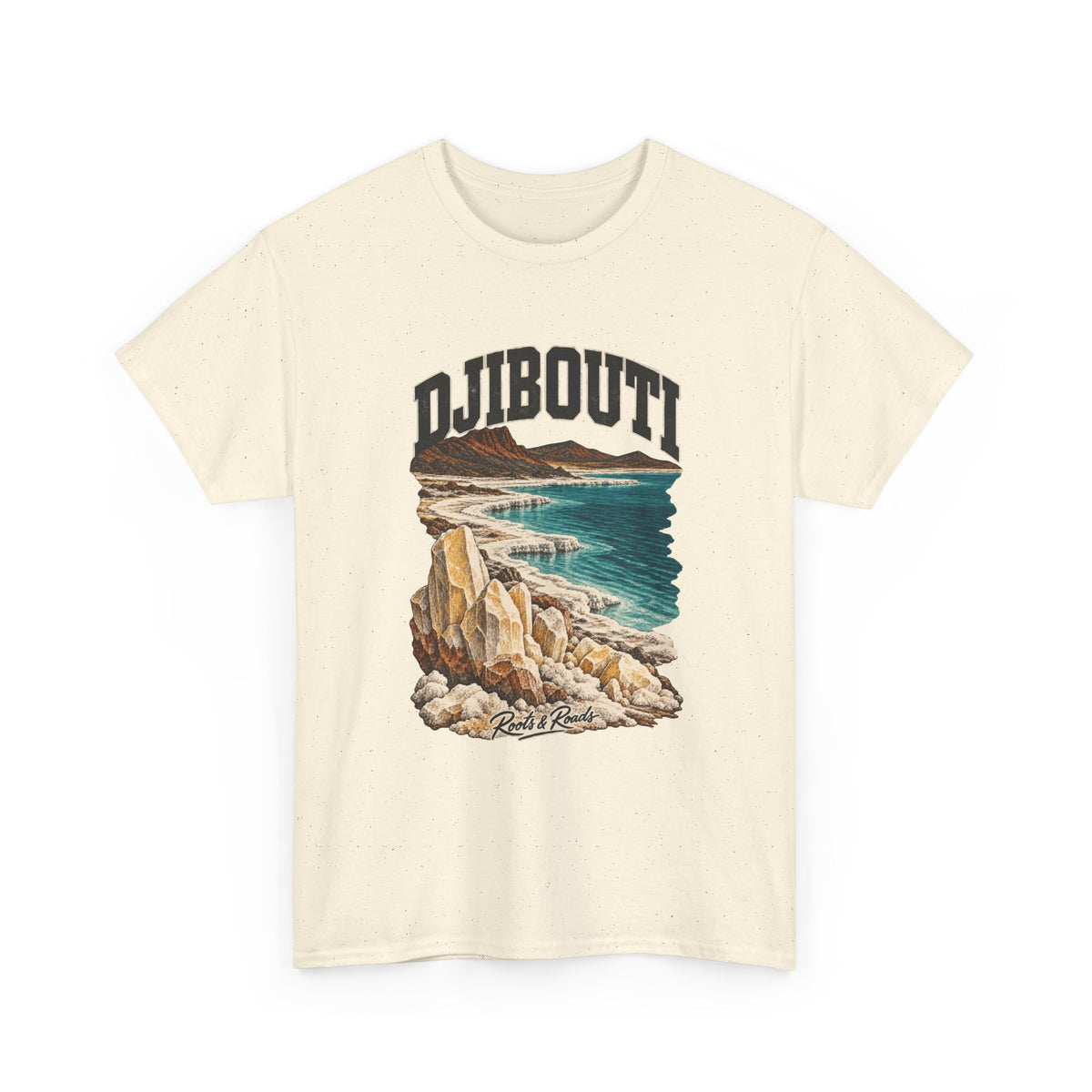 Front view of a Natural Gildan 5000 T-shirt with dark DJIBOUTI lettering, pale salt formations, teal lake water, volcanic ridges and Roots & Roads script.