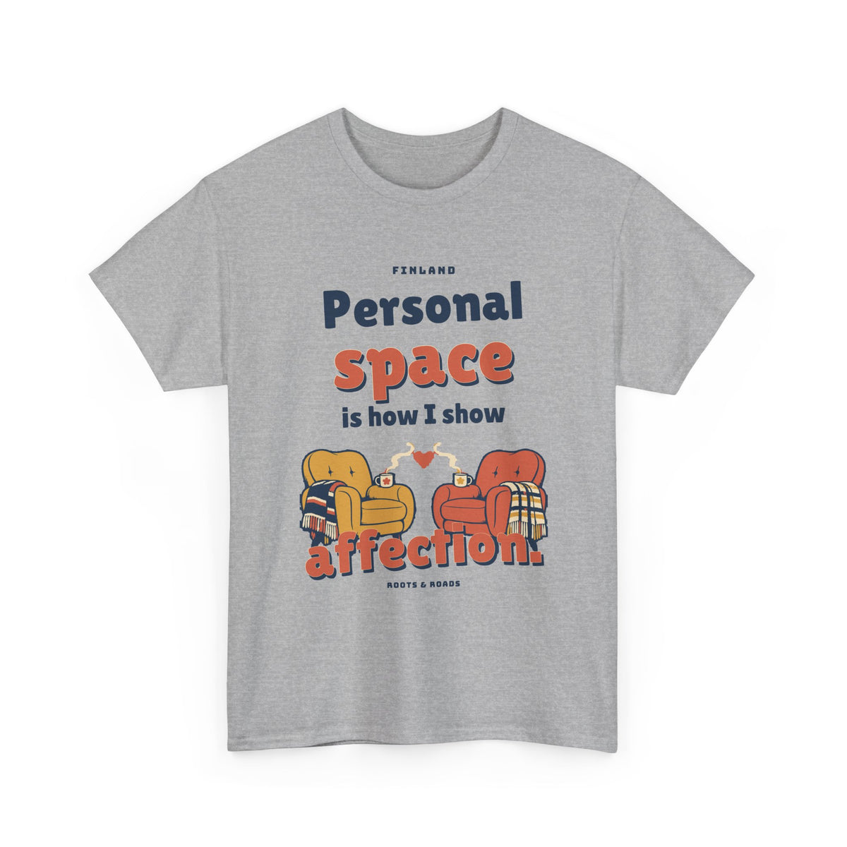 Finland Personal Space T-Shirt in Sport Grey — front rounded retro lettering with two cozy armchairs and a heart between them.