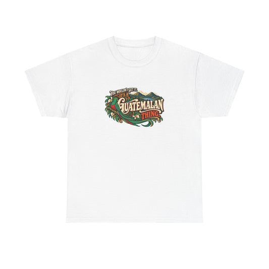 White Guatemala Guatemalan Thing T-shirt, flat front with vintage lettering, a quetzal and mountain scenery