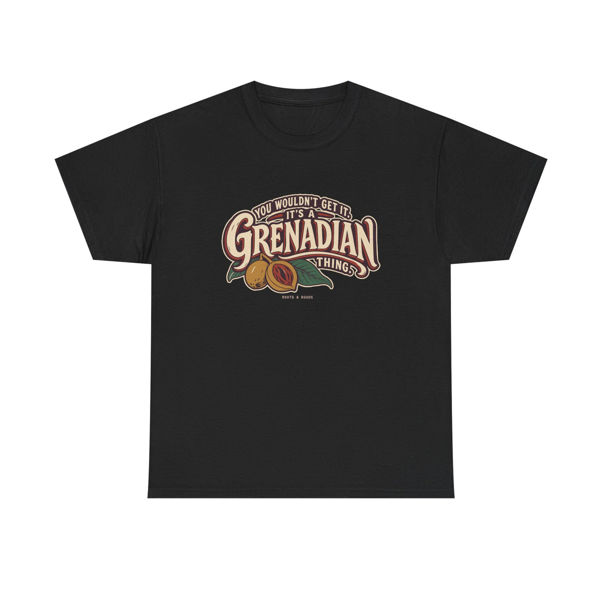 Black Grenada Grenadian Thing T-Shirt, flat front view, with sweeping vintage Grenadian lettering, nutmeg, red mace and leaves