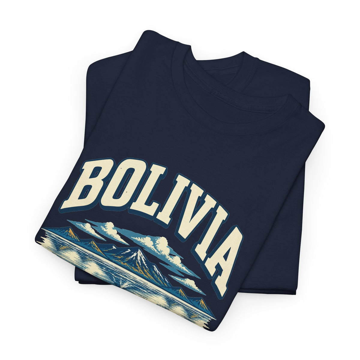 Folded Navy Bolivia Fresh Prints T-shirt showing cream BOLIVIA lettering, blue mountains and reflected clouds.