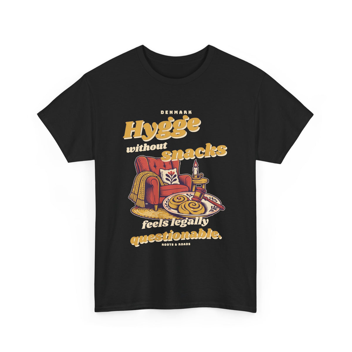 Denmark Hygge and Snacks T-Shirt in Black, with expressive vintage lettering, a cosy armchair, pastries and a playful gavel by Roots & Roads.