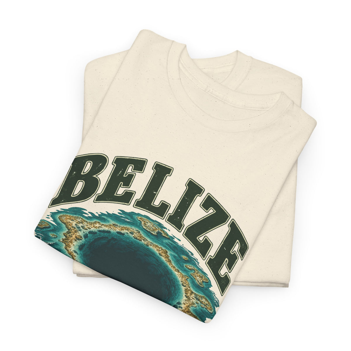 Folded Natural Belize Fresh Prints T-shirt showing green collegiate lettering and the Blue Hole and reef illustration.