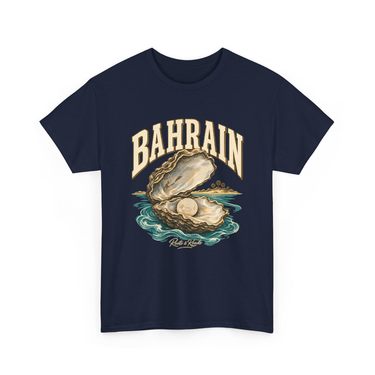 Front view of a Navy Gildan 5000 T-shirt with cream BAHRAIN lettering, an open oyster shell with a pearl, turquoise water, a palm-lined shore and Roots & Roads script.