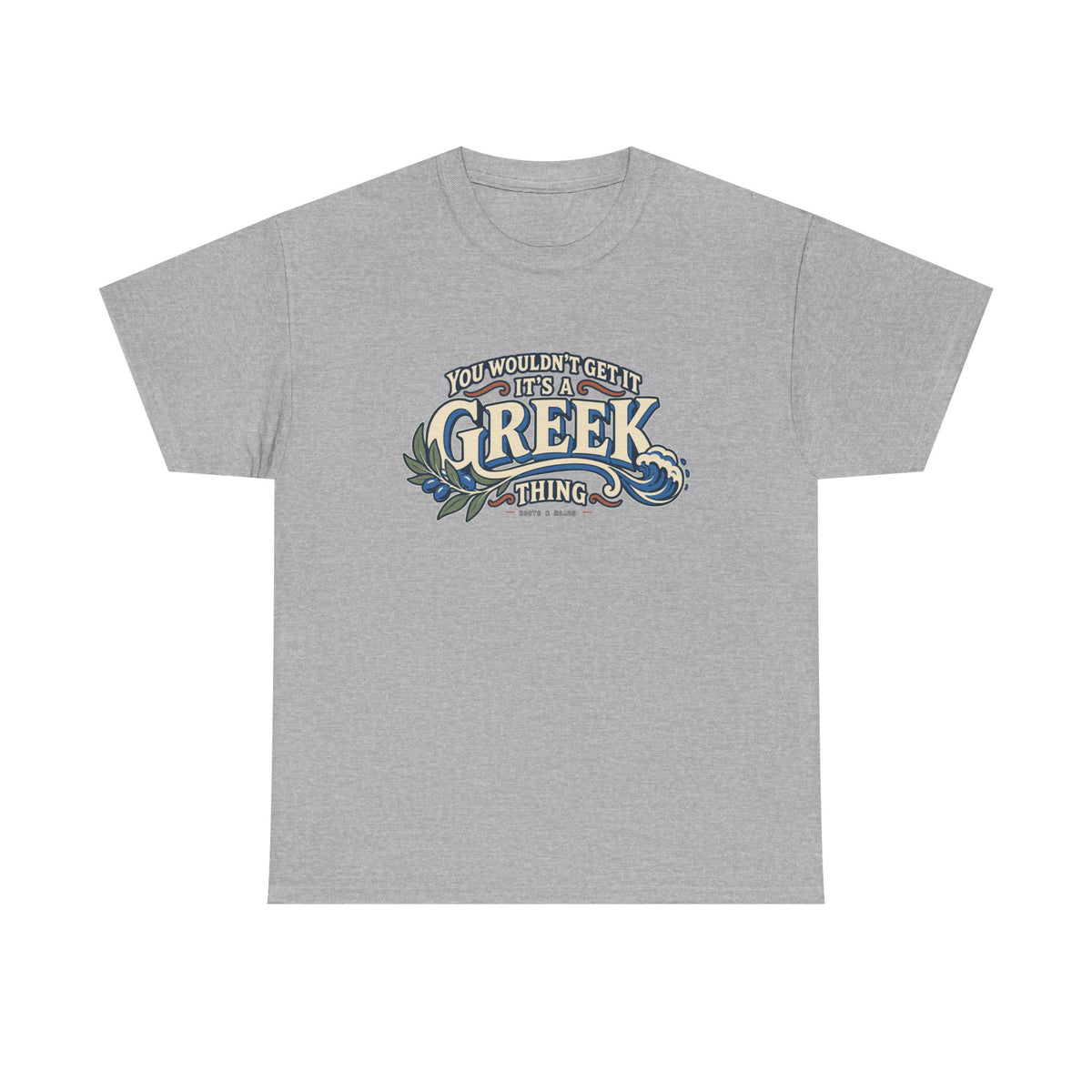 Sport Grey Greece Greek Thing T-shirt, flat front view, with oversized vintage lettering, an olive branch and curling wave.