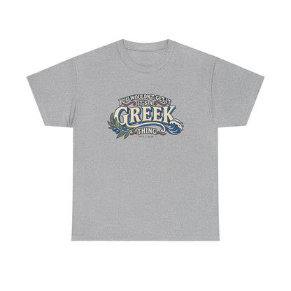 Sport Grey Greece Greek Thing T-shirt, flat front view, with oversized vintage lettering, an olive branch and curling wave.