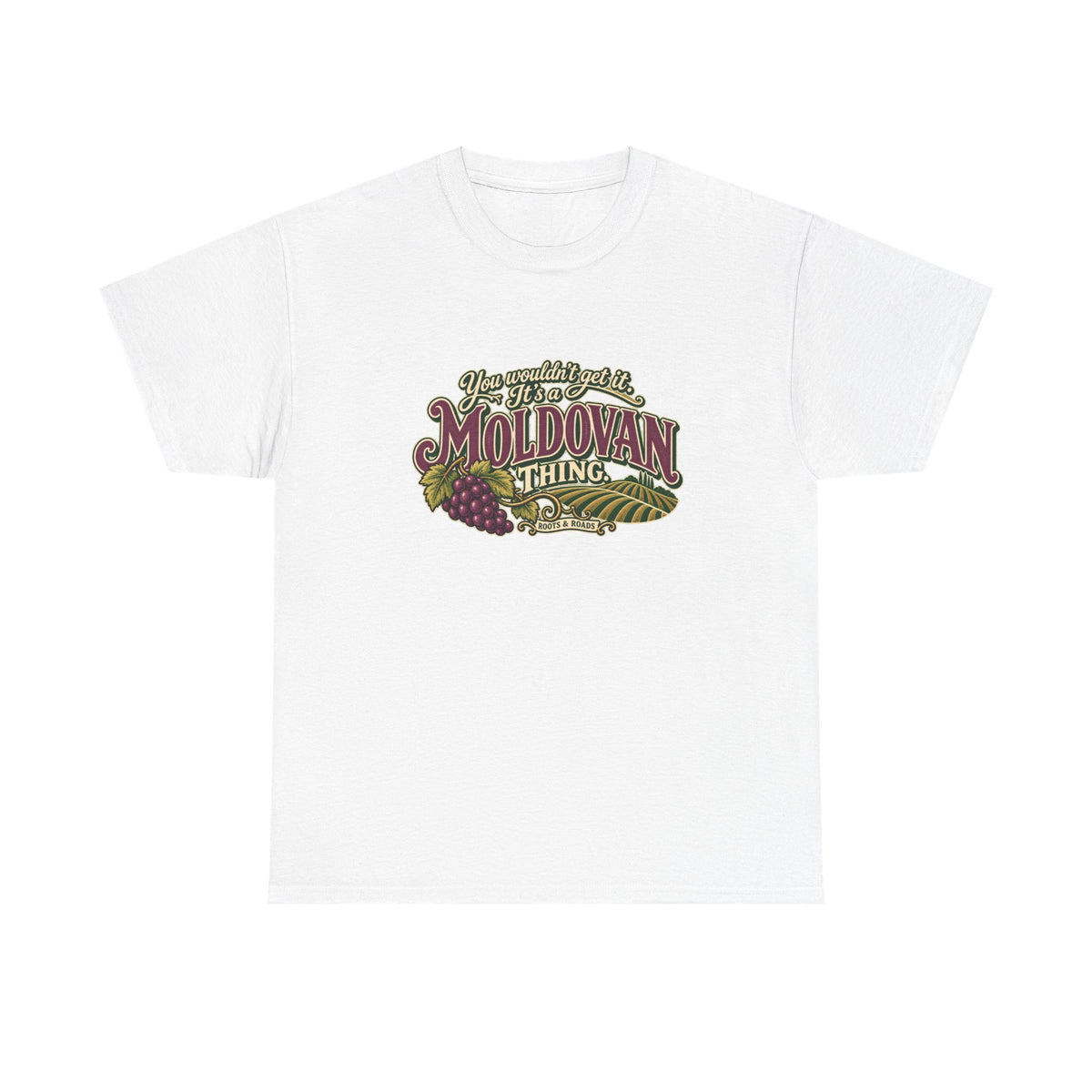 Moldova Moldovan Thing T-shirt in White, flat front view with burgundy Moldovan lettering, cream script, grapes and vineyard rows. Roots & Roads.
