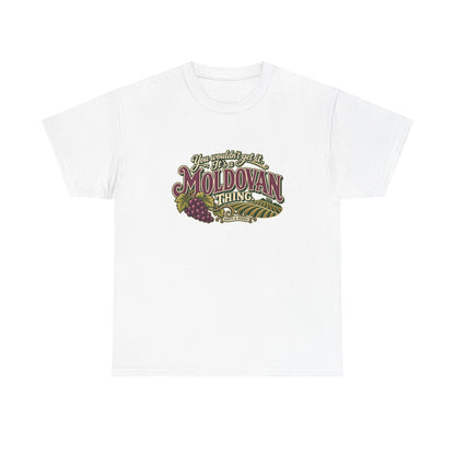 Moldova Moldovan Thing T-shirt in White, flat front view with burgundy Moldovan lettering, cream script, grapes and vineyard rows. Roots & Roads.