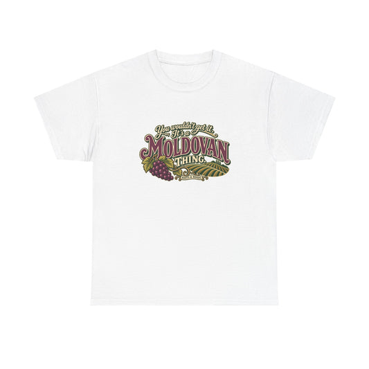 Moldova Moldovan Thing T-shirt in White, flat front view with burgundy Moldovan lettering, cream script, grapes and vineyard rows. Roots & Roads.