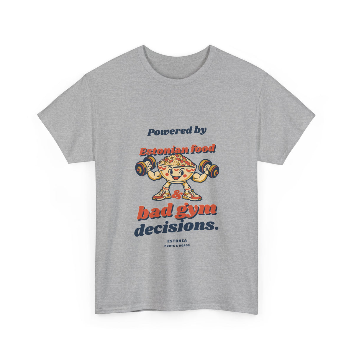 Estonia Bad Gym Decisions T-Shirt in Sport Grey — front view with rounded vintage lettering and playful food-lifter artwork.