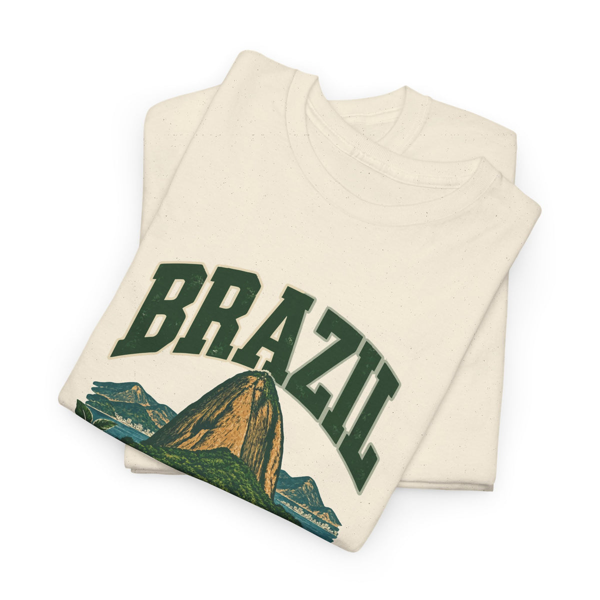 Folded Natural Brazil Fresh Prints T-shirt showing green collegiate lettering and a coastal mountain illustration.