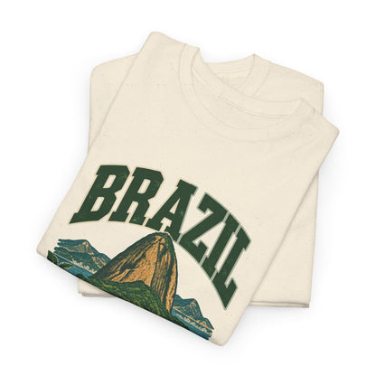 Folded Natural Brazil Fresh Prints T-shirt showing green collegiate lettering and a coastal mountain illustration.
