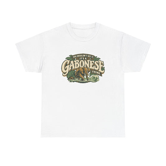 White Gabon Gabonese Thing T-shirt, flat front view, with oversized vintage lettering, a rainforest elephant and coastal wave.