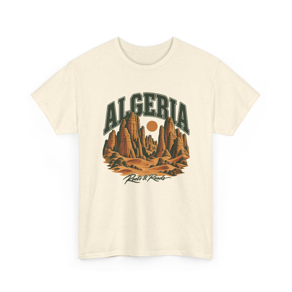 Front view of a Natural Gildan 5000 T-shirt with forest-green ALGERIA lettering, ochre sandstone towers and dunes, a round sun, and Roots & Roads script.