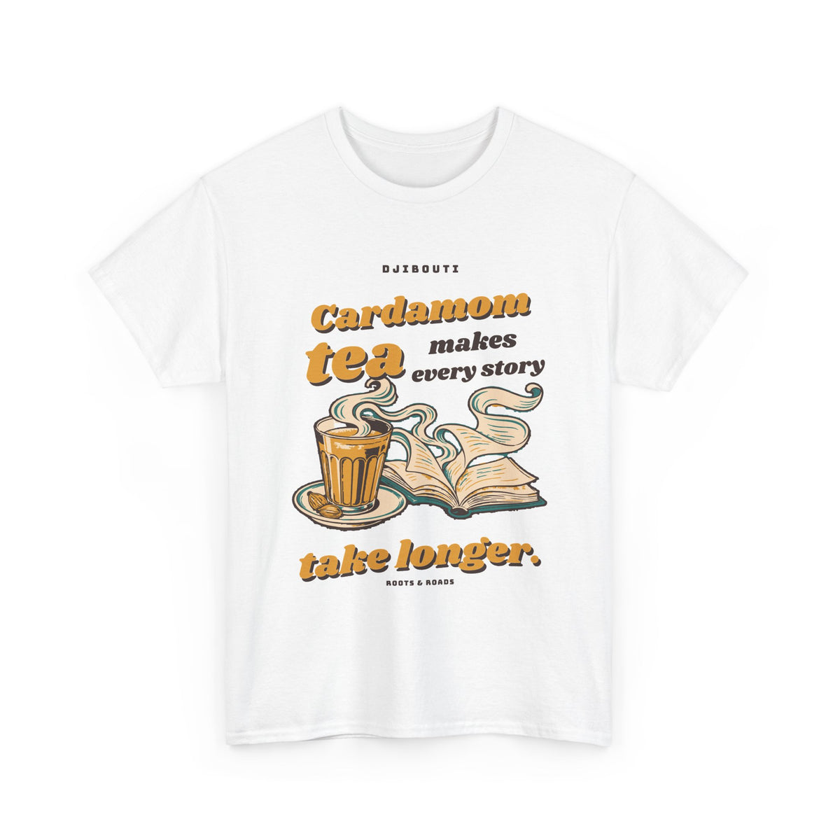 White Djibouti Cardamom Tea Stories T-Shirt with expressive retro lettering, spiced tea and an unfurling book