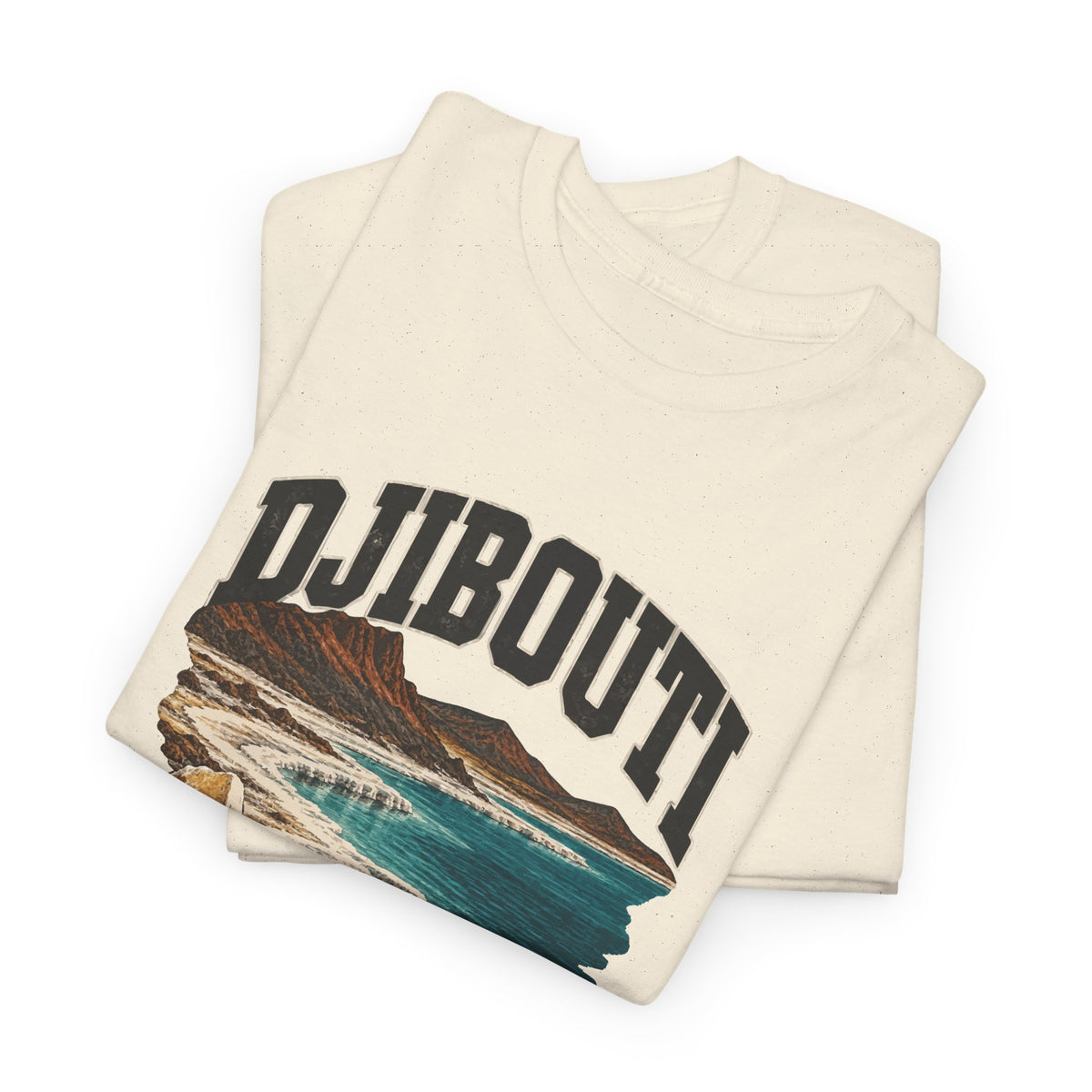 Folded Natural Djibouti Fresh Prints Vintage T-Shirt showing the upper portion of its country lettering and illustrated front print.