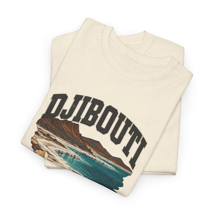 Folded Natural Djibouti Fresh Prints Vintage T-Shirt showing the upper portion of its country lettering and illustrated front print.