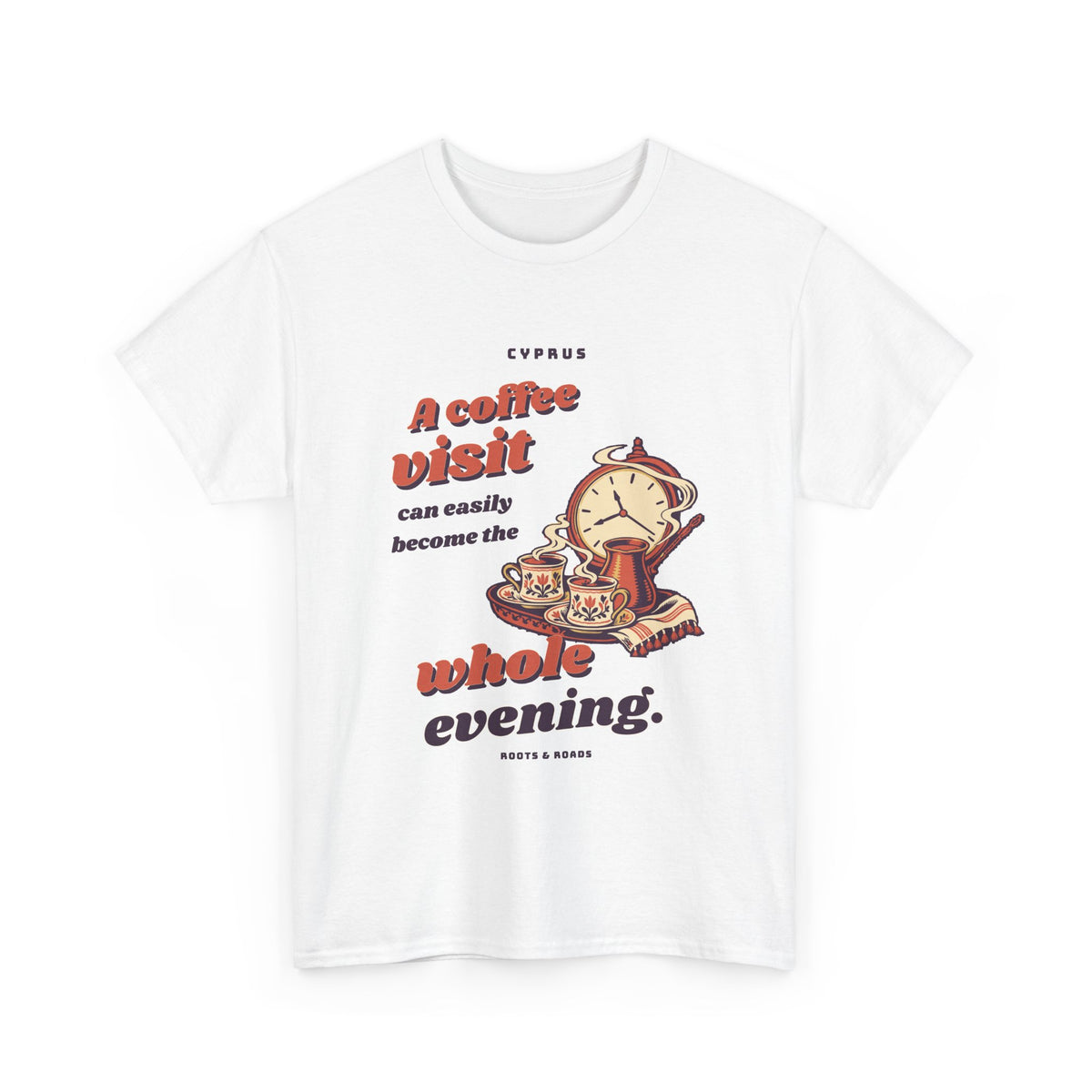 Cyprus Coffee Visit Whole Evening T-Shirt in White, front view with vintage lettering, coffee cups and an evening clock — Roots & Roads.