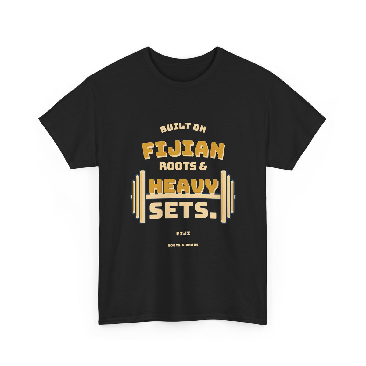 Fiji Heavy Sets Gym T-Shirt in Black — front vintage Fijian strength lettering with integrated weight plates.