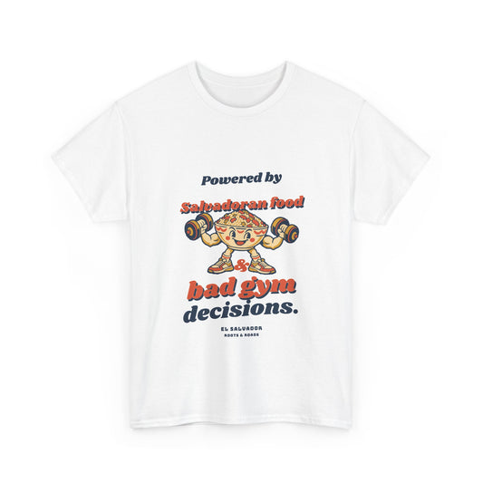 El Salvador Bad Gym Decisions T-Shirt in White, front rounded retro lettering and a food-bowl character lifting weights.