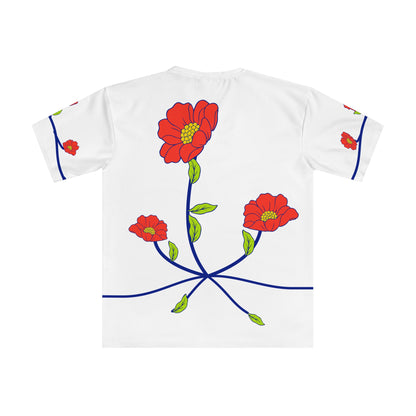 Back of the Roots & Roads “Born here, rooted. there” T-shirt with three coral blooms and lime leaves on branching cobalt stems.