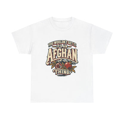 Front view of the White Afghan Thing T-shirt with “You wouldn’t get it. It’s an Afghan thing.” cream vintage athletic lettering, brick-red shadows, mountain peaks and pomegranates.