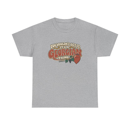 Sport Grey Georgia Georgian Thing T-shirt, flat front view, with oversized retro lettering, a qvevri vessel and grapevine.