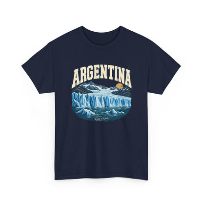Navy Argentina Fresh Prints T-shirt, front view with cream arched lettering, blue glacier, snowy mountains, floating ice, warm sun and Roots & Roads signature.