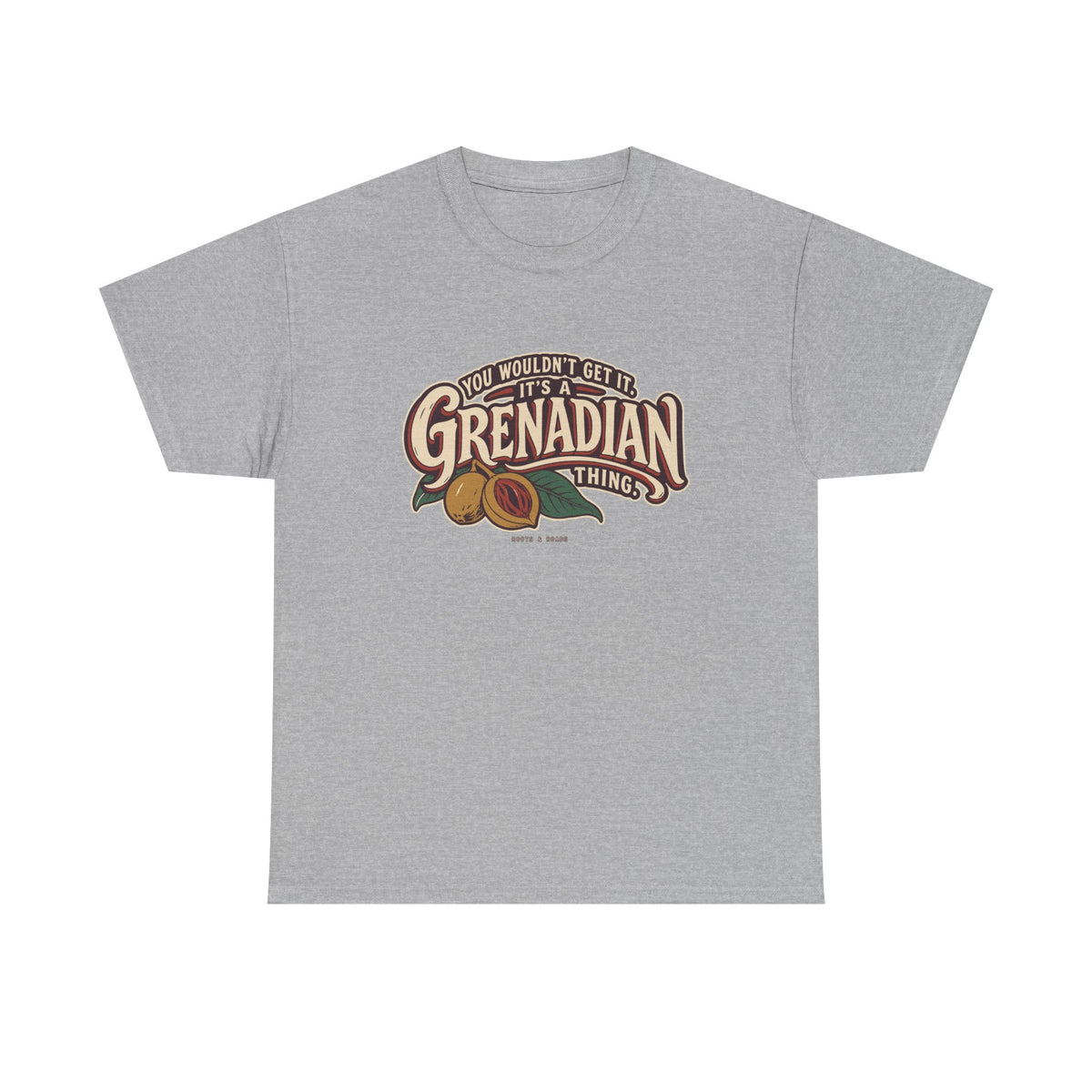 Sport Grey Grenada Grenadian Thing T-Shirt, flat front view, with sweeping vintage Grenadian lettering, nutmeg, red mace and leaves