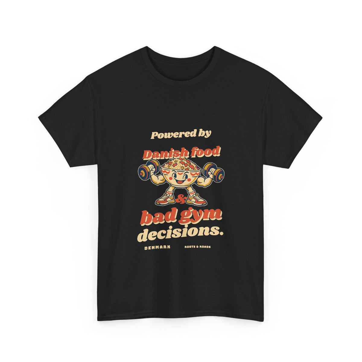 Black Denmark Bad Gym Decisions T-Shirt with rounded vintage lettering and a food-bowl weightlifter