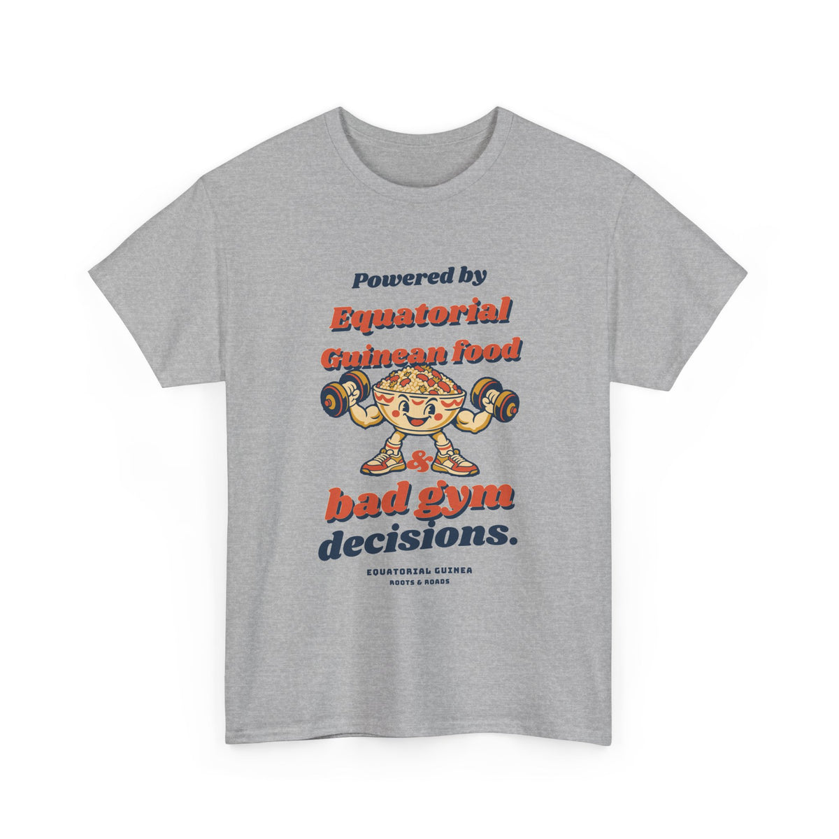 Equatorial Guinea Bad Gym Decisions T-Shirt — Sport Grey — front retro food-lifter artwork by Roots & Roads