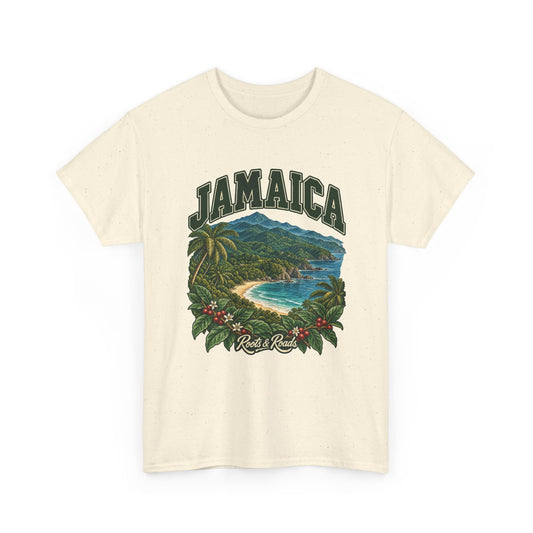 Front view of a Natural Gildan 5000 T-shirt with dark-green JAMAICA lettering, a mountain coast, a sandy bay, palms and coffee branches, and Roots & Roads script.