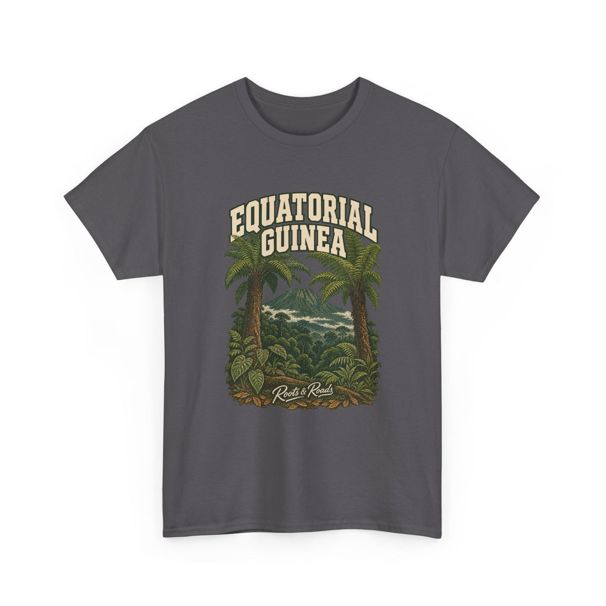 Front view of a Charcoal Gildan 5000 T-shirt with cream two-line EQUATORIAL GUINEA lettering above tree ferns, a mountain summit and dense green forest, finished with Roots & Roads script.