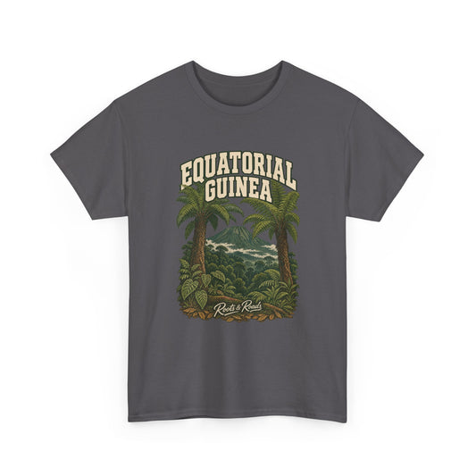 Front view of a Charcoal Gildan 5000 T-shirt with cream two-line EQUATORIAL GUINEA lettering above tree ferns, a mountain summit and dense green forest, finished with Roots & Roads script.