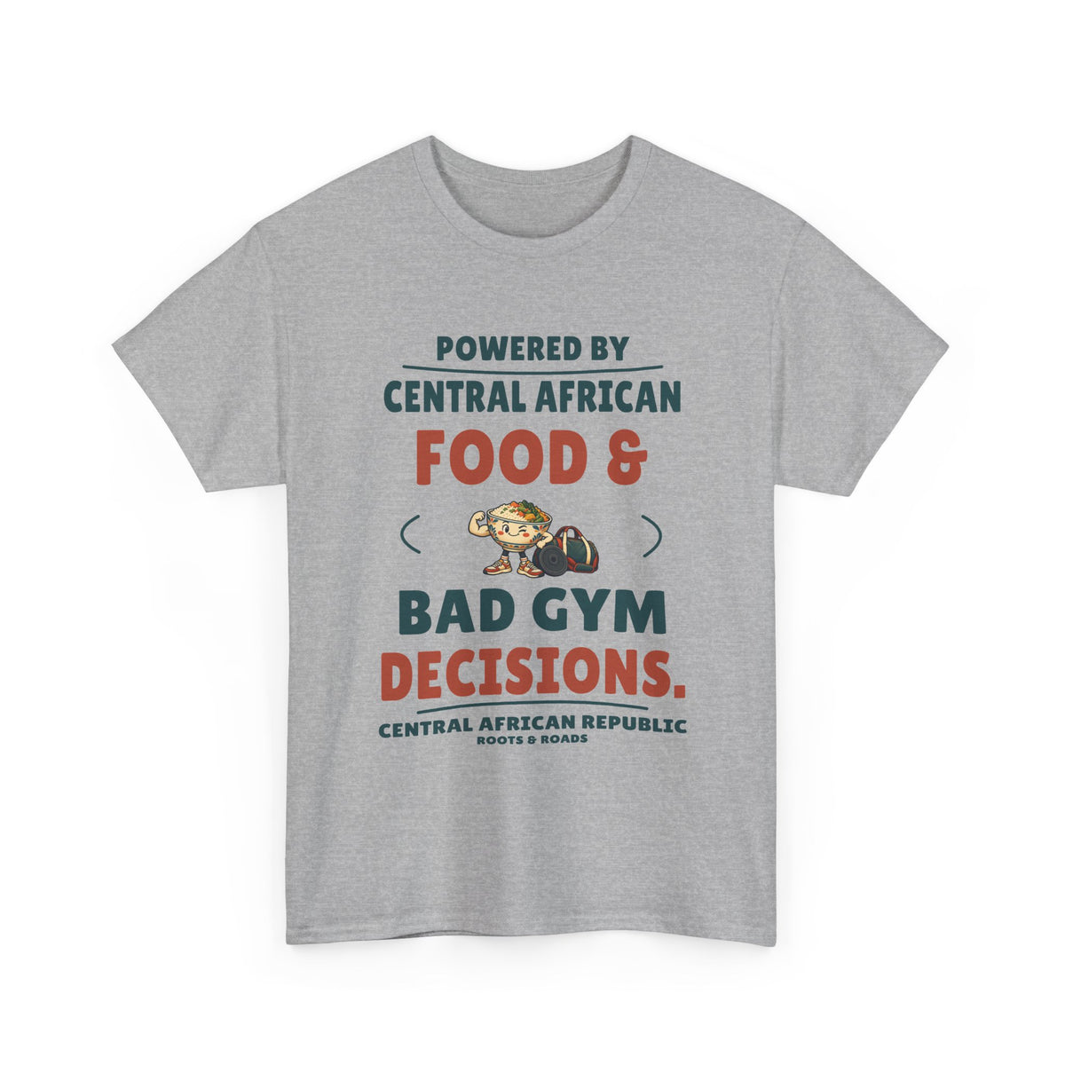 Central African Republic Bad Gym Decisions T-Shirt in Sport Grey, front food-bowl mascot with training gear and the quote “Powered by Central African food & bad gym decisions.”