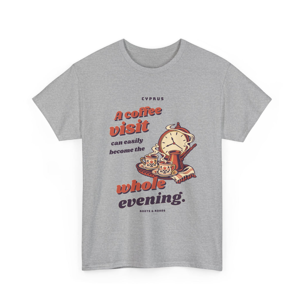 Cyprus Coffee Visit Whole Evening T-Shirt in Sport Grey, front view with vintage lettering, coffee cups and an evening clock — Roots & Roads.