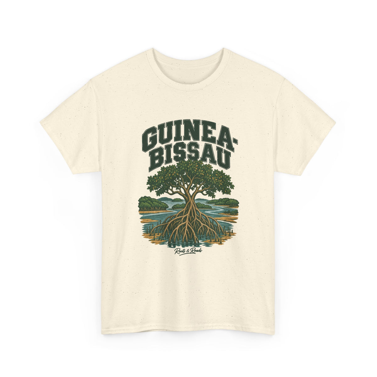 Front view of a Natural Gildan 5000 T-shirt with dark-green two-line GUINEA-BISSAU lettering, a mangrove tree, exposed roots and tidal water, and Roots & Roads script.